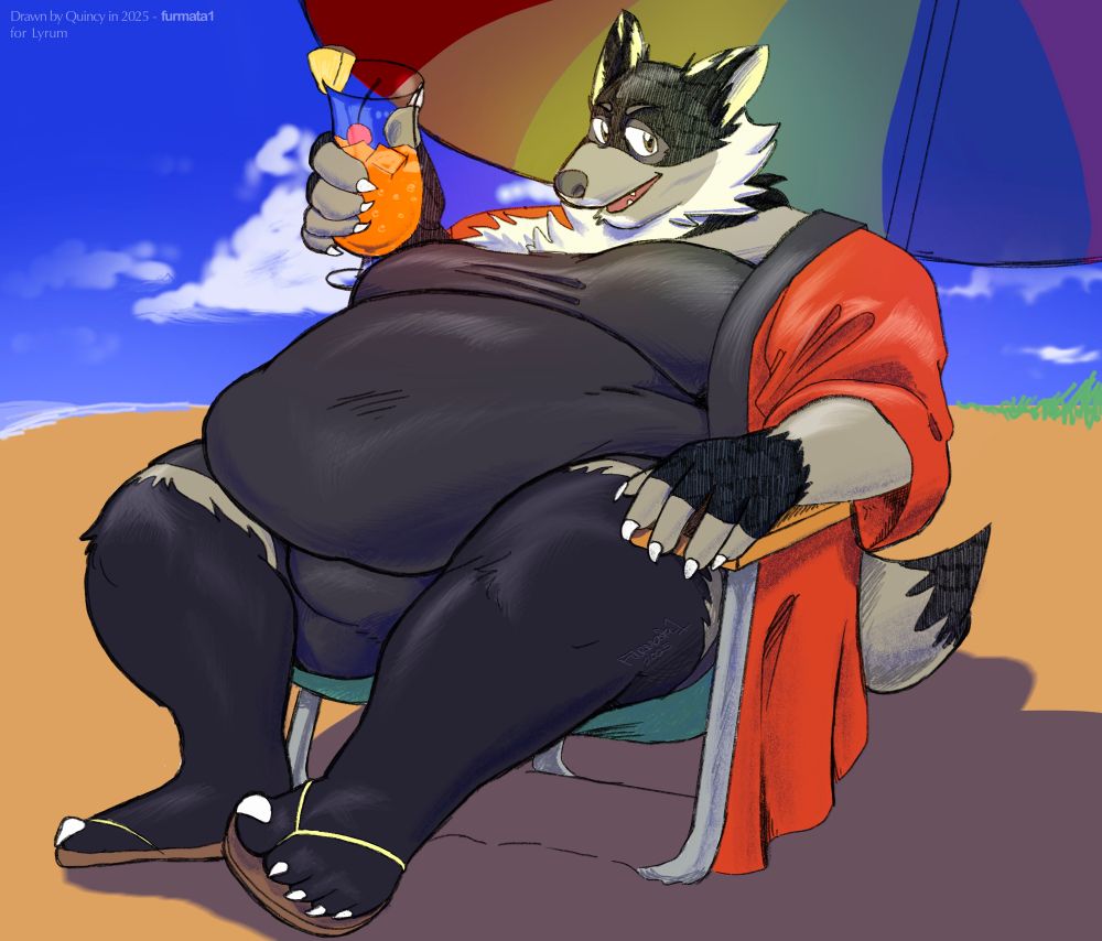 digital illustration: Lyrum's very large and fat fox OC reclines in a beach chair under an umbrella on, holding a half-full orange drink