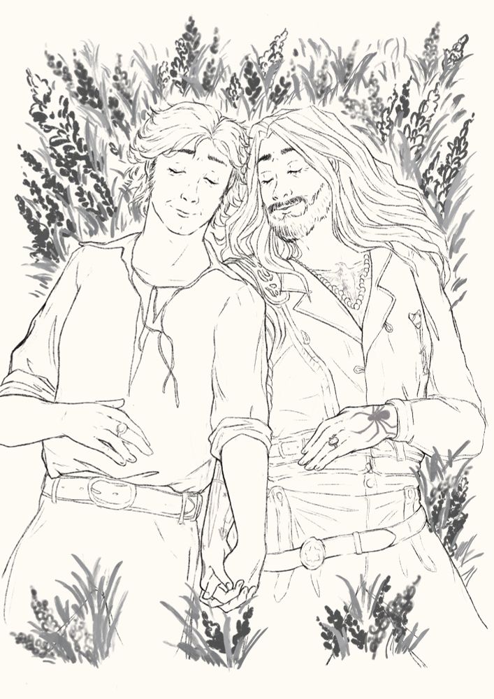 An image of Ed and Stede from Our Flag Means Death. Stede is sporting his blue tunic and leather pants from S2 and Ed is wearing his classic leather outfit. They are laying against flowers on the ground next to one another with their eyes peacefully closed and holding hands. Ed’s right hand grasping Stede’s left hand. Both of their hands are laying atop of their own stomachs. Their heads are slightly tilted towards the other. The image is a white background with everything else outlined in black with no other color. 