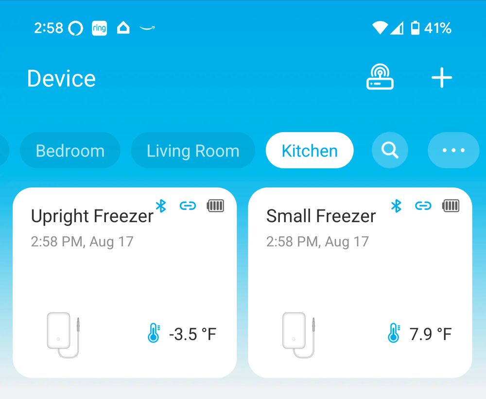 Screenshot of my phone, displaying the temperature in both of my freezers.