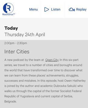Show listing for Open City InterCities on Resonance FM