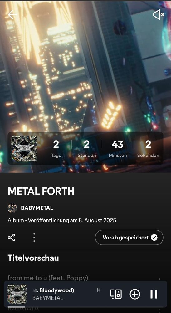 Spotify screenshot showing a countdown to Babymetal's new album, Metal Forth. The countdown is at 2 days, 2 hours, 43 minutes and 2 seconds.