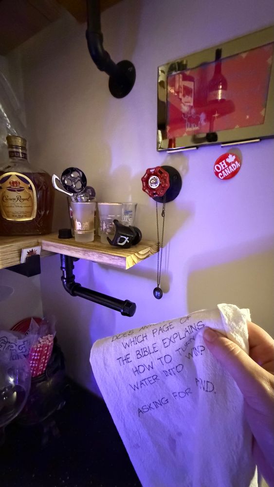 My bar with toilet paper holder acting as a shelf for shot glasses and bar towel holder. 