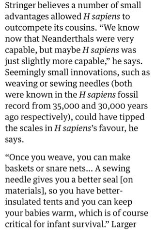 Section from Guardian article on how weaving and sewing may have been key to H Sapiens’s success