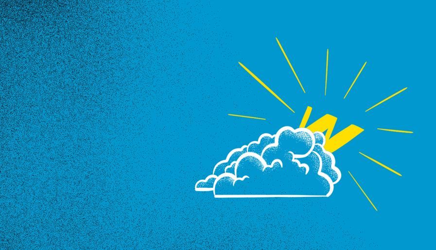 Ein leuchtendes WOZ-W lugt hinter einer einzelnen Wolke in einem ansonsten blauen Himmel hervor.