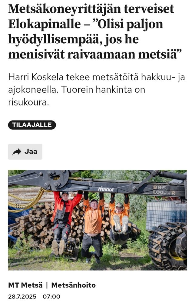 Metsäkoneyrittäjän terveiset Elokapinalle – ”Olisi paljon hyödyllisempää, jos he menisivät raivaamaan metsiä”
Harri Koskela tekee metsätöitä hakkuu- ja ajokoneella. Tuorein hankinta on risukoura.
 
#luontokato #elokapina