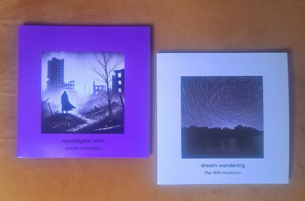 Two CD covers. The one with a purple border shows a silhouetted men in an apocalyptic city scape. The one with the cream border shows a night sky over a countryside hil