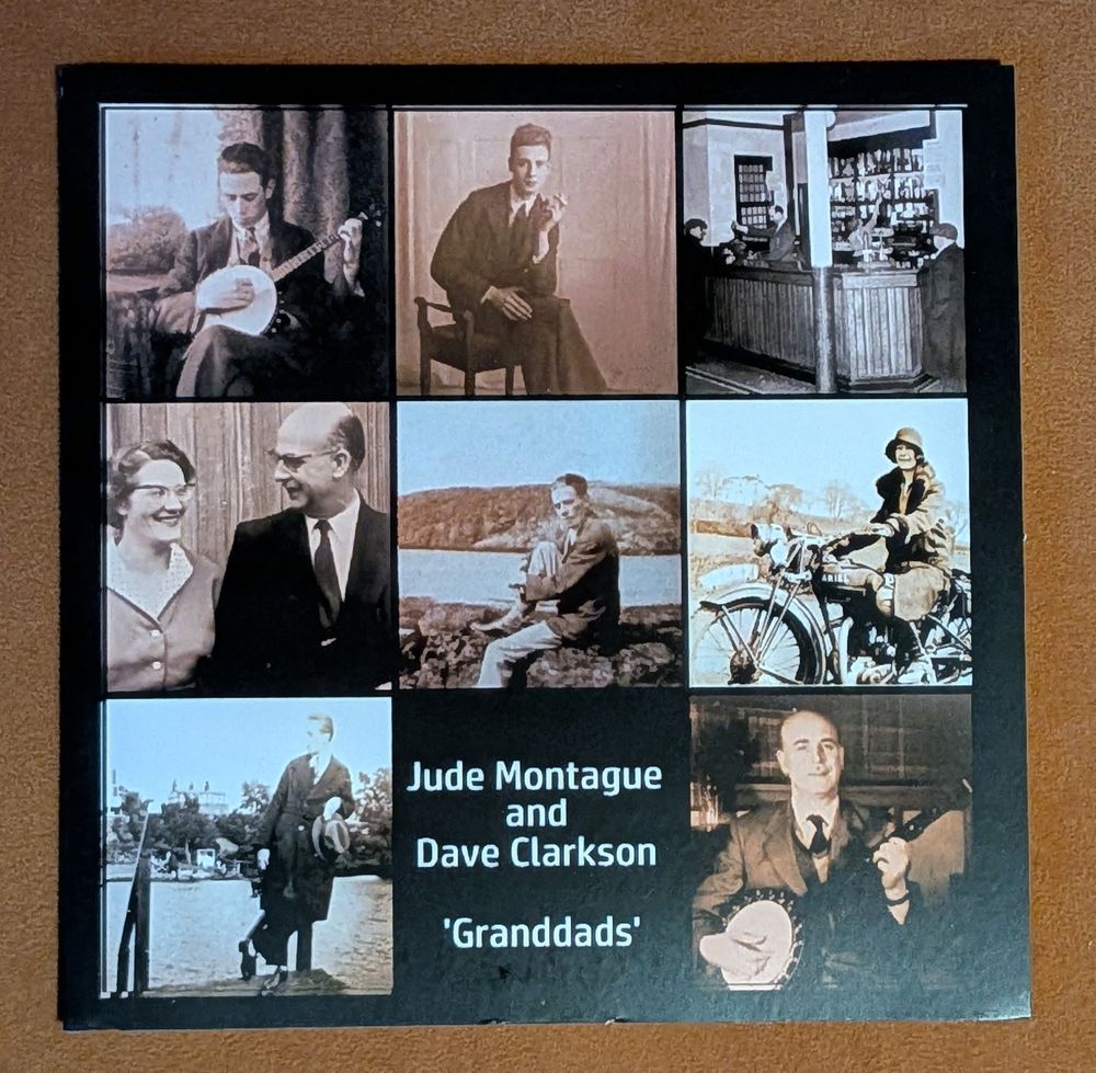 A photo of a CD cover showing a collection of old photos, presumably of the granddad's 