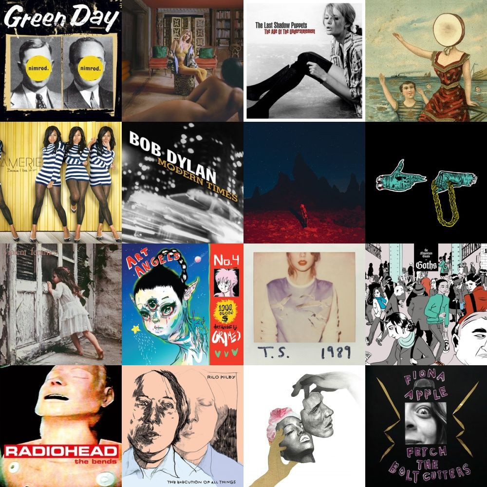 A four-by-four grid of album covers. The top left album cover is Nimrod by Green Day.