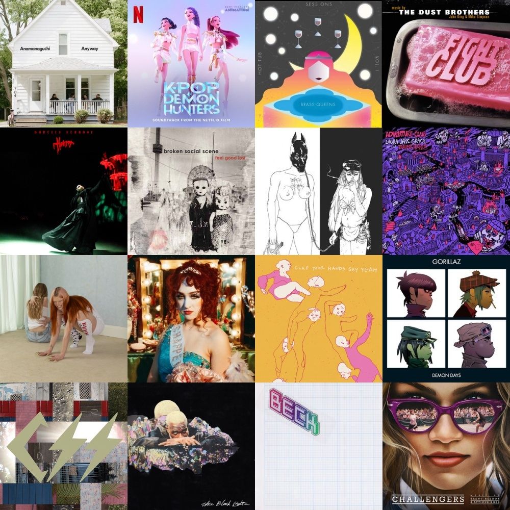 A four-by-four grid of album covers. The top left album is Anyway by Anamanaguchi. 