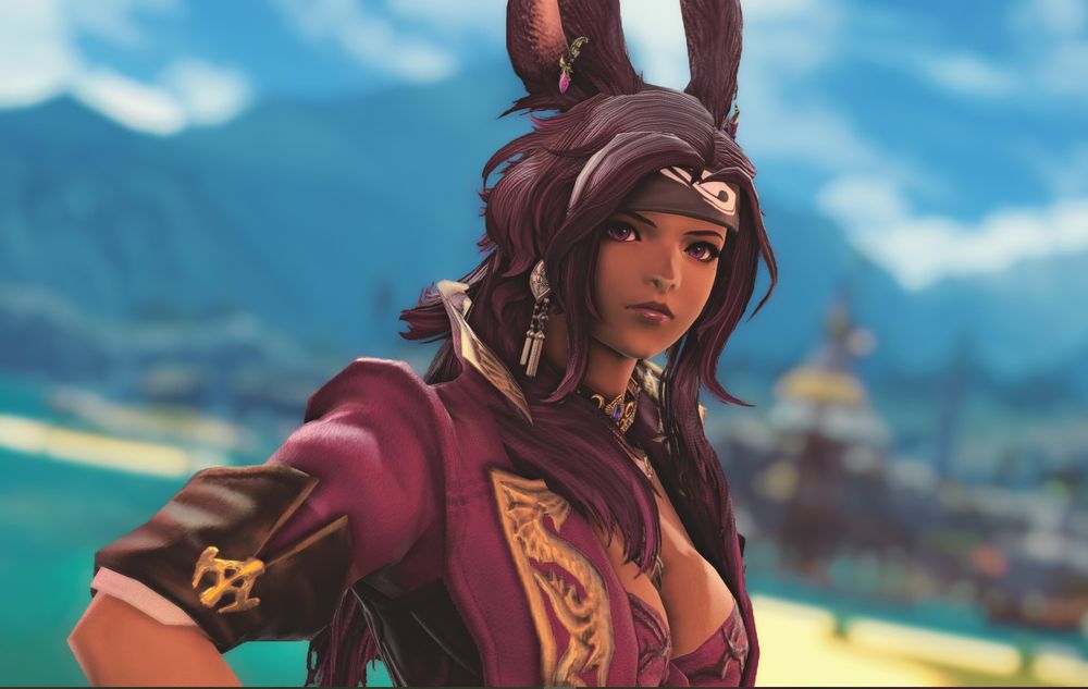 gpose of Ktjn Coel, a purple-haired viera, by spademate.bsky.social