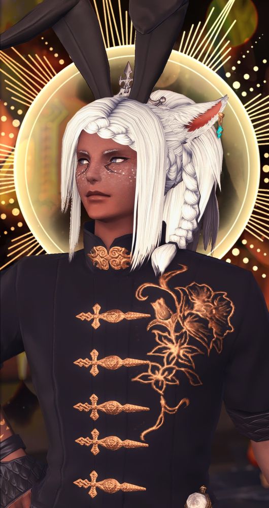 Gpose shot of Kheina Adelrun, with a radiant halo and black bunny ears.