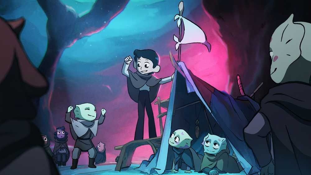 This animated scene shows a young boy on a chair with a flag on top of a tent, surrounded by various smiling friendly demons in a magical cavern with blue-pink lighting. From the Netflix Devil May Cry adaptation released in 2025.