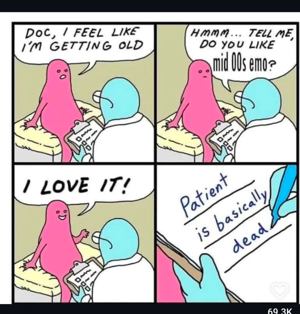 4 panel comic featuring a doctor and patient. In Panel 1, Patient says, "Doc, I feel like I'm getting old." In Panel 2, Doctor asks, "Hmm... Tell me, do you like mid-00s emo?" In Panel 3, Patient gleefully responds, "I LOVE IT!" In Panel 4, Doctor writes in his notes: Patient is basically dead.