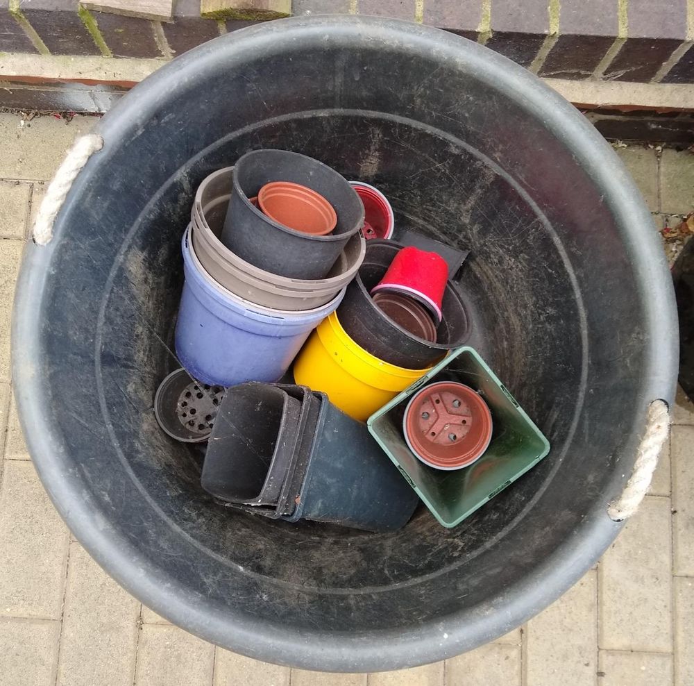 A large plastic utility bucket with variously coloured plastic plant pots in it...