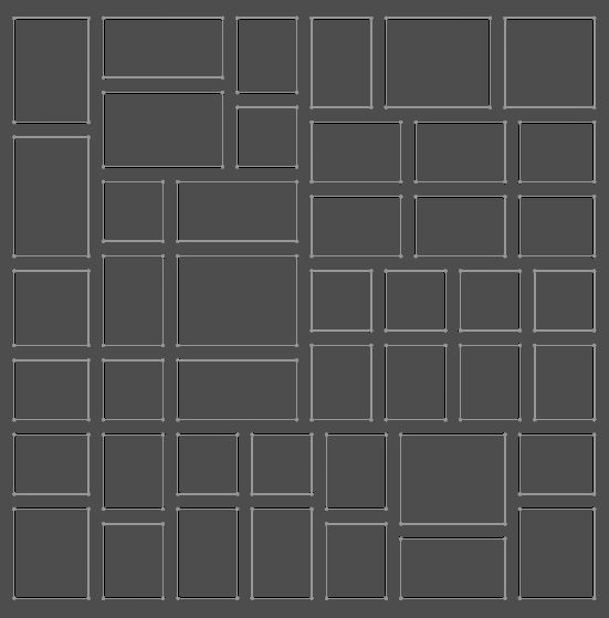 A large square broken down into smaller rectangles, each rectangle is only an outline and spaced from its neighbours, so that its edges form a separate loop inside the bigger square...