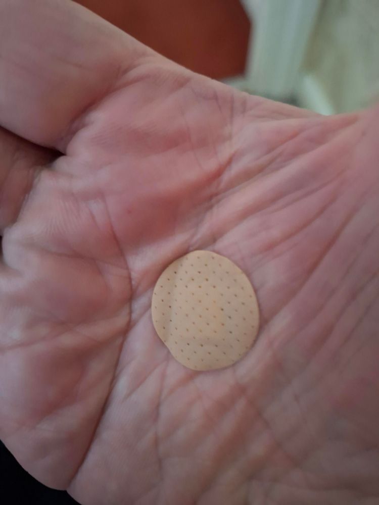 The palm of my hand with a small, circular plaster applied to it...