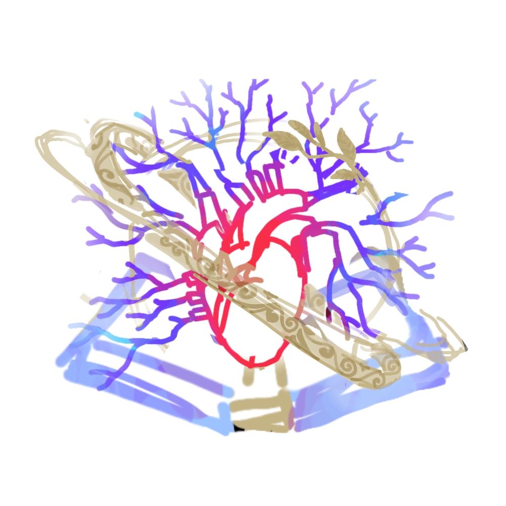 An anatomical heart with veins, the lines are colored a bold gradient from red to electric blue. The heart floats above an open book, and has 3 dull gold rings surrounding it, the largest is thin and simple, the one in between is wider with swirled patterns, and the smallest has a laurel attached.