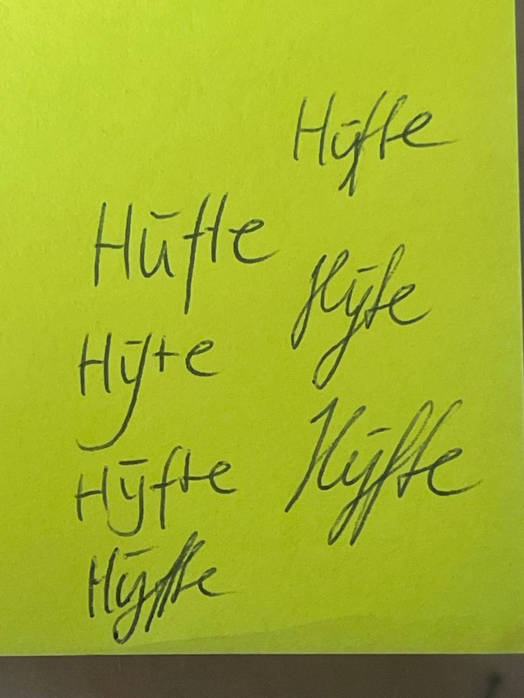 Bild zeigt ein neongelbes Post-It mit verschiedenen Schreibweisen von Hüfte bis Hyte