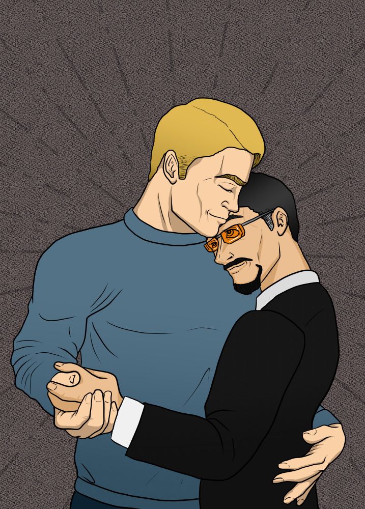 A digital drawing of Steve Rogers and Tony Stark with their heads together and hands clasped as if dancing. Steve is several inches taller than Tony, who is wearing orange glasses and has greying temples.