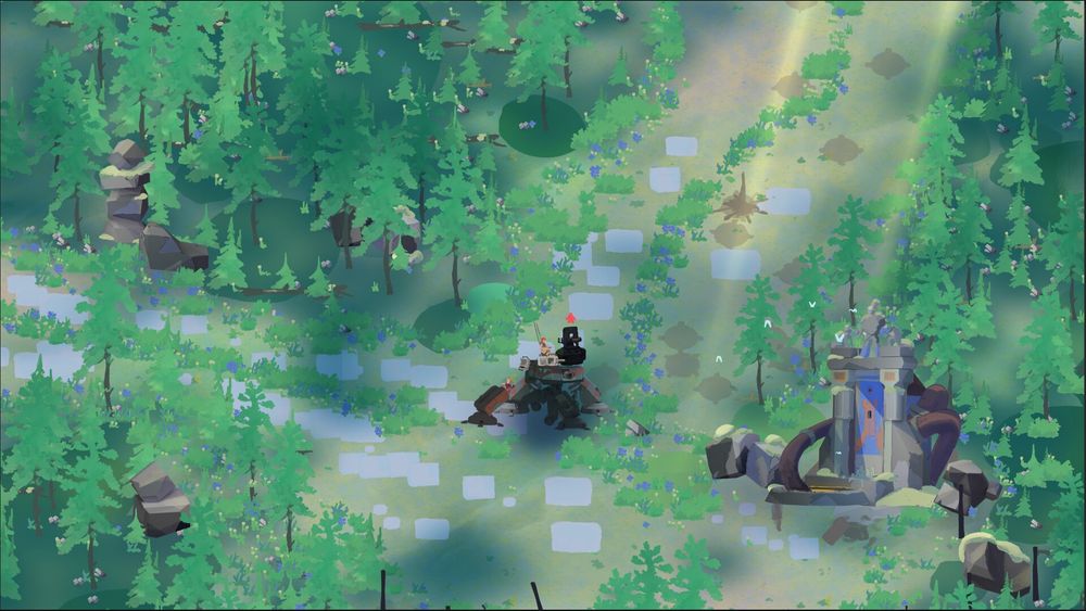 There is a mecha like structure with mechanical legs standing in the middle of a lush forest. In the lower corner there is a tower like building.