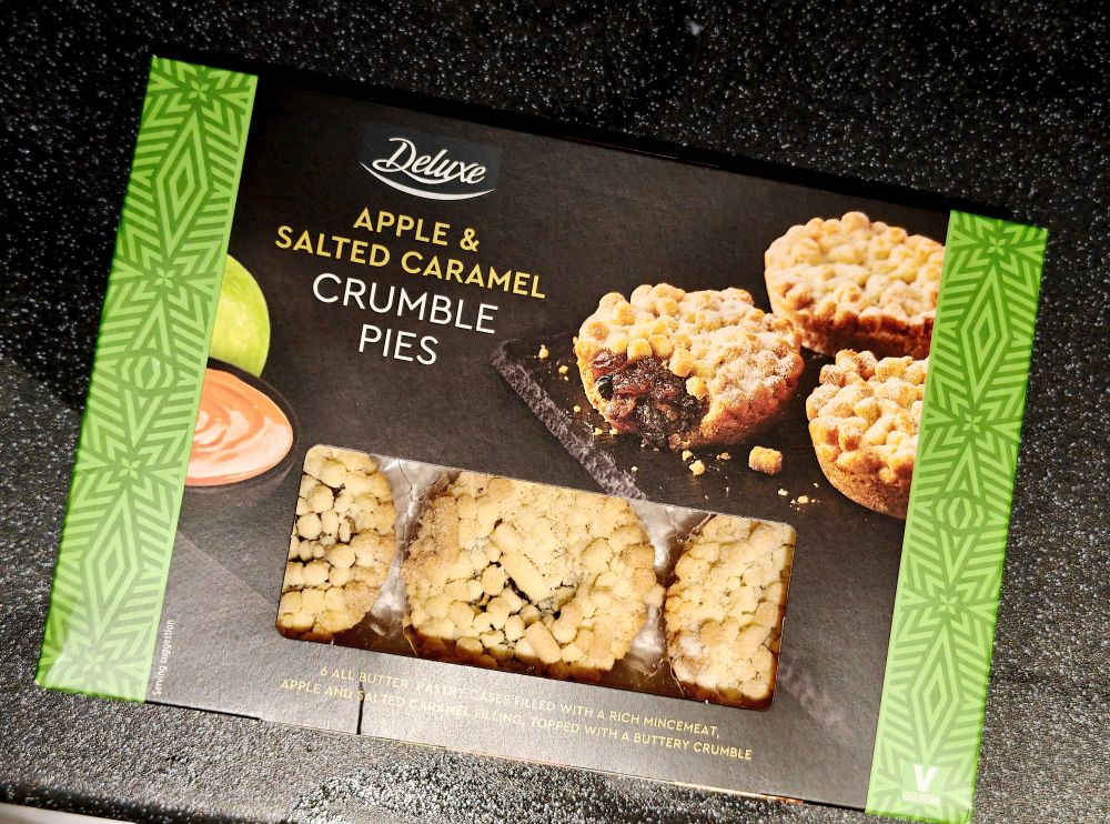 Pack of Lidl Deluxe Apple & Salted Caramel (snore) Crumble Pies, unopened. 