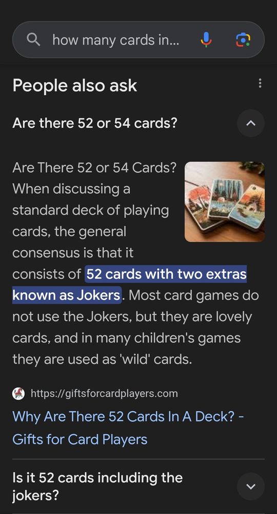Google search result for "how many cards in a standard deck" 
