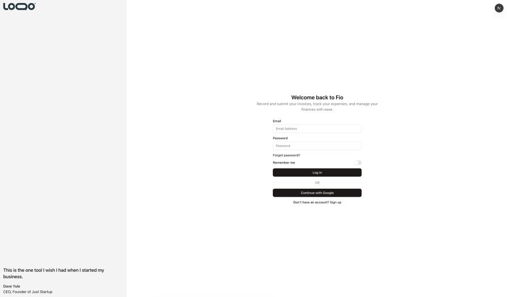 A simple login page with an email and password field, separated by 1/4 grey-out placeholder for an image