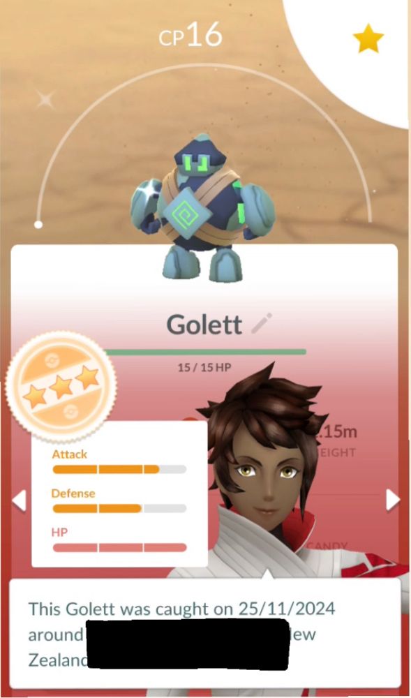 Appraisal of 3-star shiny Golett in Pokémon Go. HP maxed out, defense to second bar and attack a little ways past the second bar.