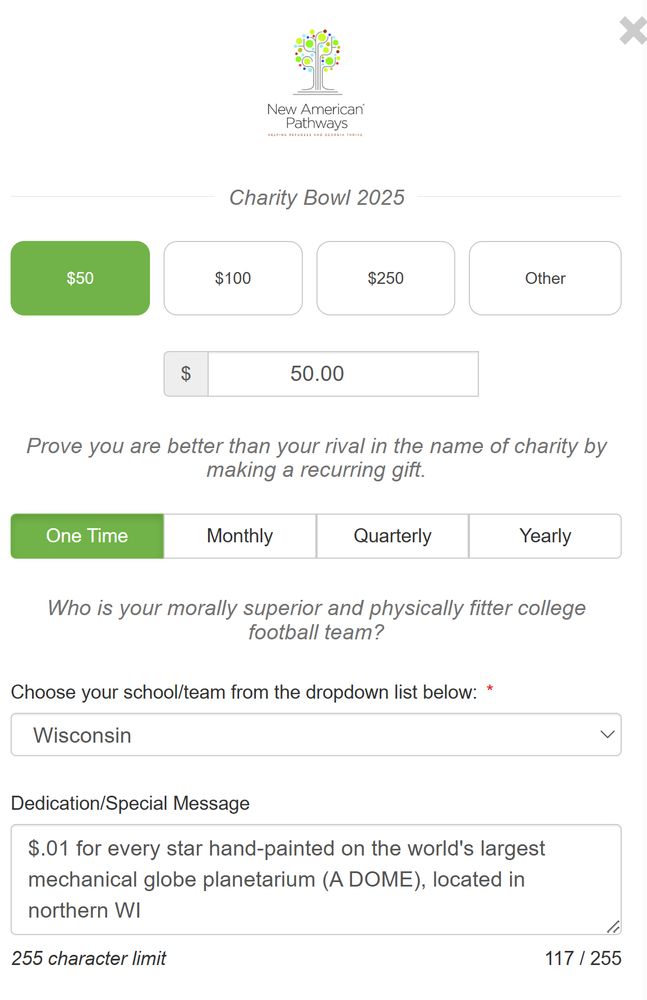 $50 donation for Wisconsin - $.01 for every star hand-painted on the world's largest mechanical globe planetarium (A DOME), located in northern WI