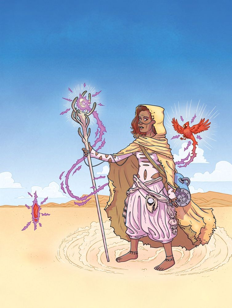 Illustration pour l’affiche de l’édition 2025 du concours CégepBD. On y voit une femme voyageuse dans le désert. Il y a un aura magique/fantastique autour d’elle. Au bout de son baton de marche, un oeuf éclot libérant un cardinal.