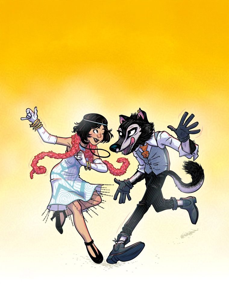 Affiche pour le concours CégepBD : deux danseurs sont au centre d’un fond jaune. À gauche, une jeune femme la robe blanche à la mode des années 1920 et un loup anthropomorphe à la droite.