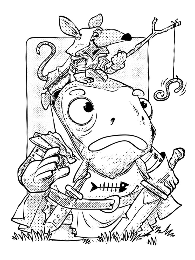 Un chevalier poisson anthropomorphique est hypnotisé par un vers au bout d’un hameçon qu’un rat anthropomorphique lui balance au bout du nez.