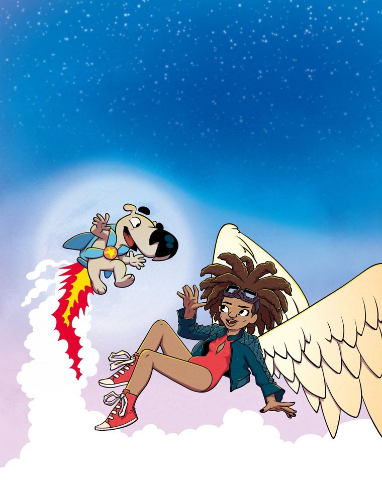Affiche pour le concours CégepBD : deux personnages (une jeune femme afro-descendante ailée et son chien portant un jet-pack) volent devant la lune et un ciel étoilé.