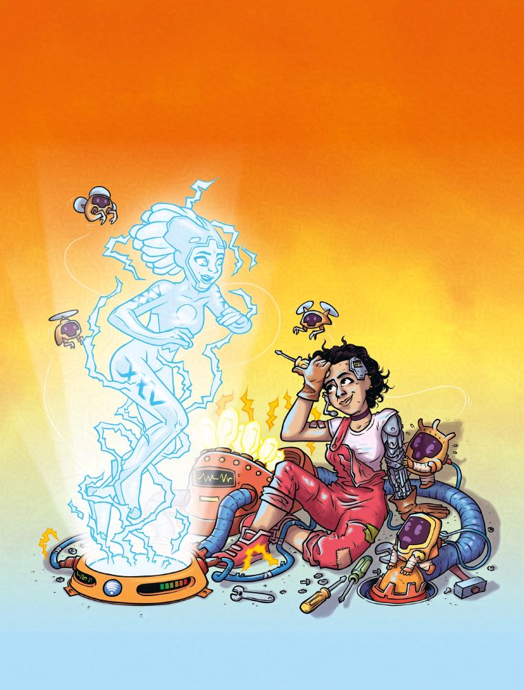 Affiche pour le concours CégepBD : une jeune femme mécano et quelques uns de ses petits robots termine son travail sur un projecteur d’hologramme. Une deuxième femme, un hologramme, apparaît.