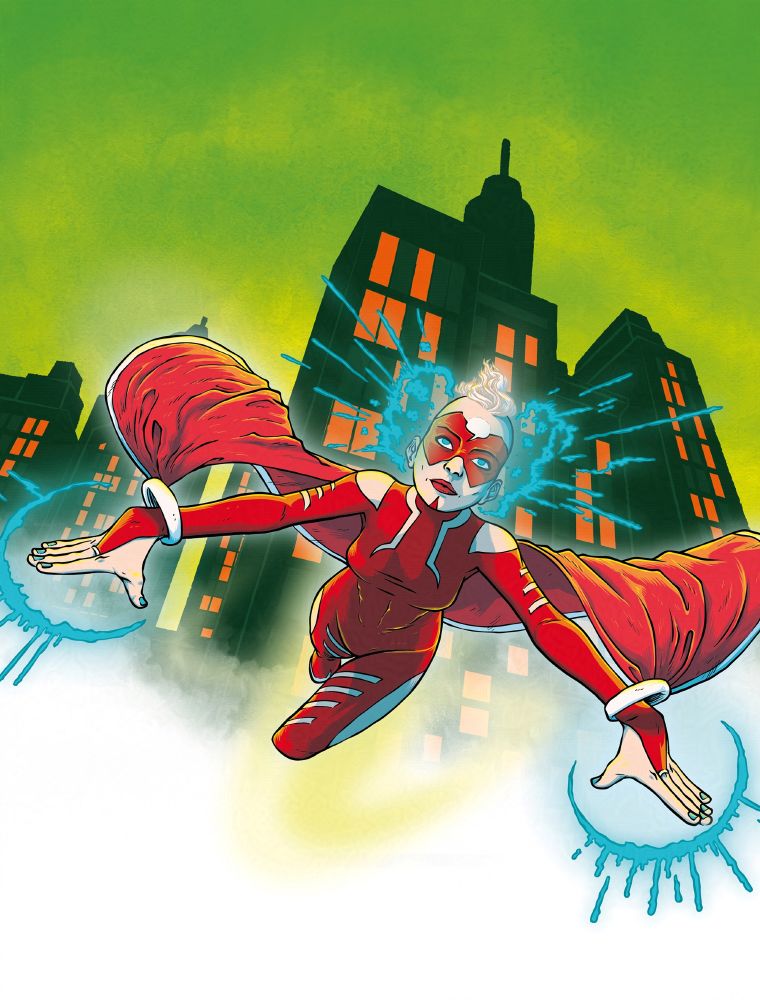 Affiche pour le concours CégepBD : une super-héroïne en uniforme rouge vole devant un paysage urbain aux teintes de vert.