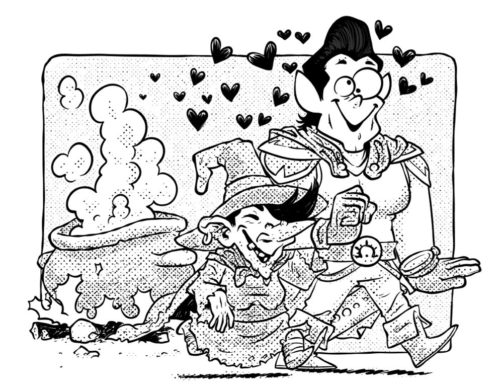 Une sorcière pas très jolie, l’air heureux, marche au bras d’un joli chevalier qui semble visiblement sous l’emprise d’un philtre d’amour préparé par la sorcière.