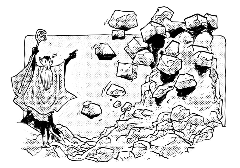 Un magicien construit un monument en manipulant des rochers par la magie.