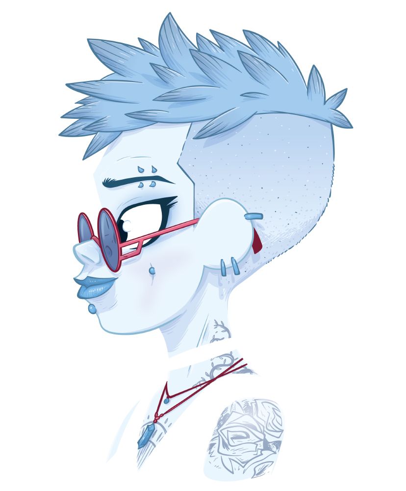 Dessin de profil d’une jeune femme. Elle a les cheveux courts, des lunettes, un collier, quelques tatouages et piercings. Les teintes de bleues sont dominantes, sauf pour le rouge des lunettes et du collier.