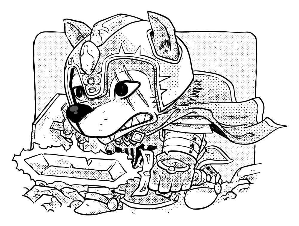 Un chien husky anthropomorphique en armure de chevalier, une épée magique à la main, l’air menaçant.