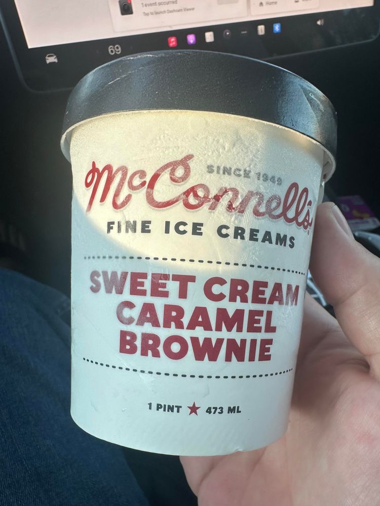 A pint of McConnell’s Sweet Cream Caramel Brownie ice cream. 