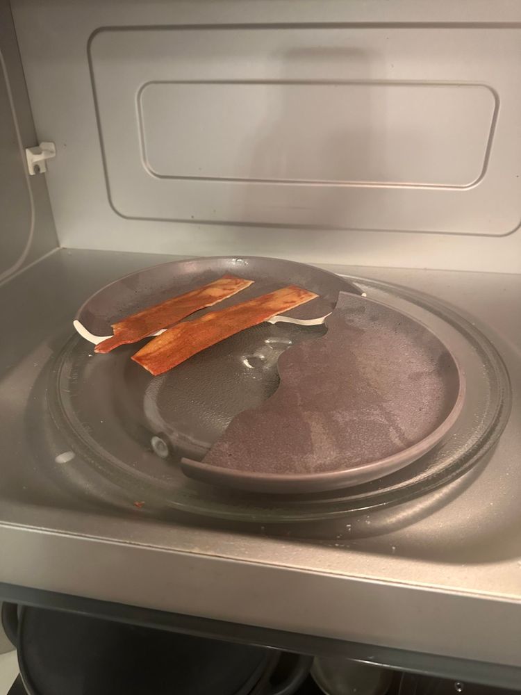 A broken microwave plate with two strips of cooked bacon lies inside a microwave.