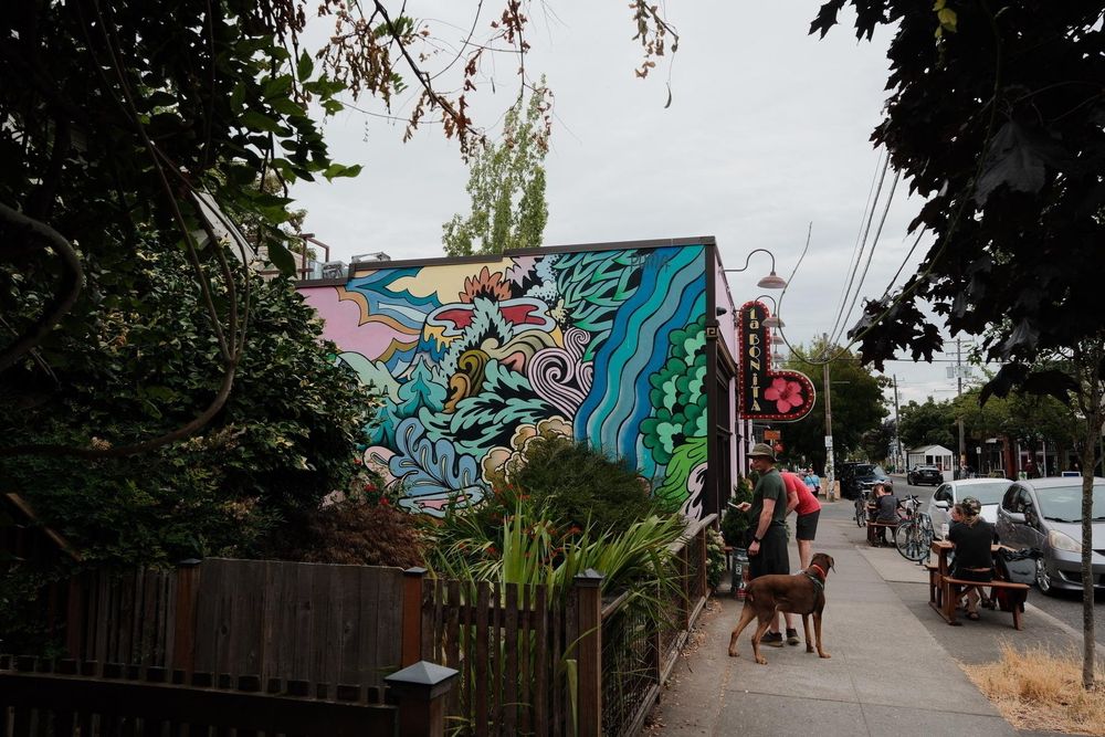 A vibrant mural featuring abstract natural elements decorates the side of a building on a street with people, trees, and a dog.