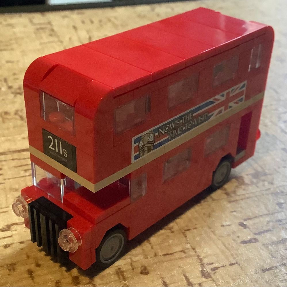 A Lego model of a vintage-style red London Routemaster bus