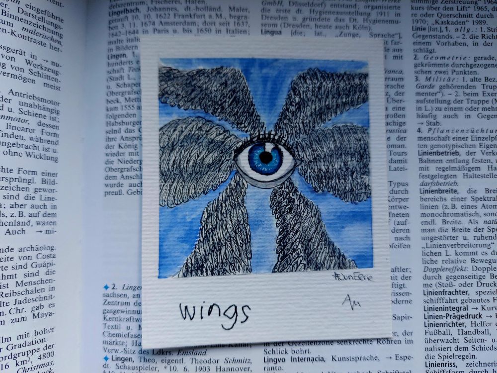 Water colour painted polaroid photo on the page of an encyclopaedia. It shows an eye with wings, a so called biblically accurate angel.
