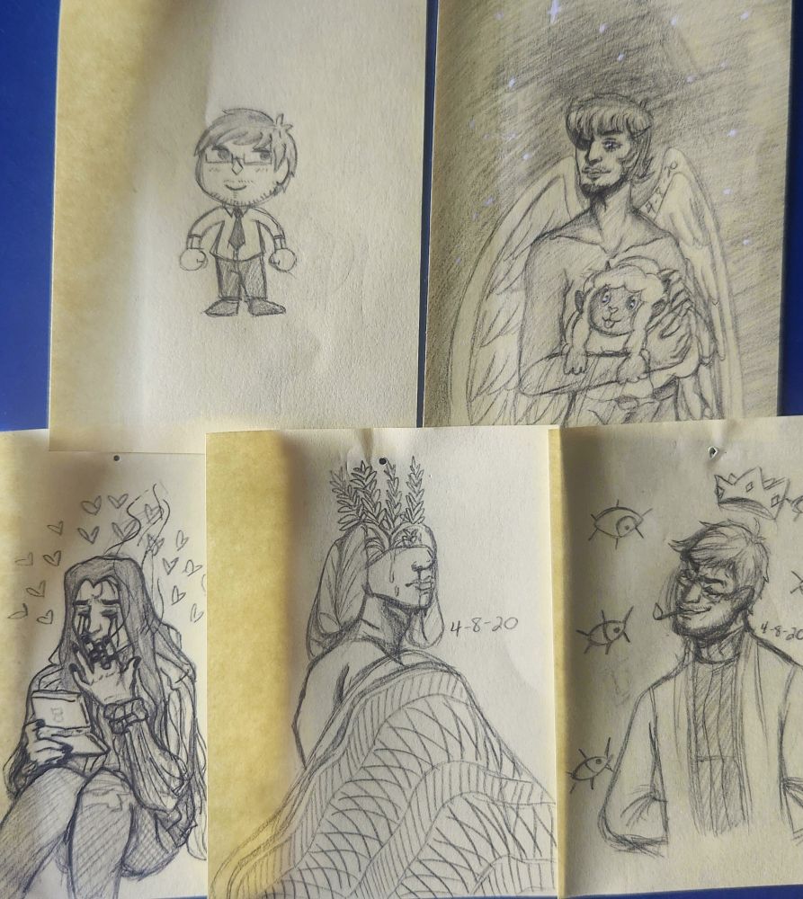 (Left to right, top to bottom): Carm as an animal crossing goober; Redd holding a Wooloo, he has his Angel wings; Damien playing on Nintendo DS while smoking and crying; ambiguous person with plants coming out of their head / face while weeping and having a nosebleed, rug is draped over their right shoulder; Carm smirking while biting onto a lit toothpick, he is wearing a turtleneck and sweater instead of his usual business attire. 