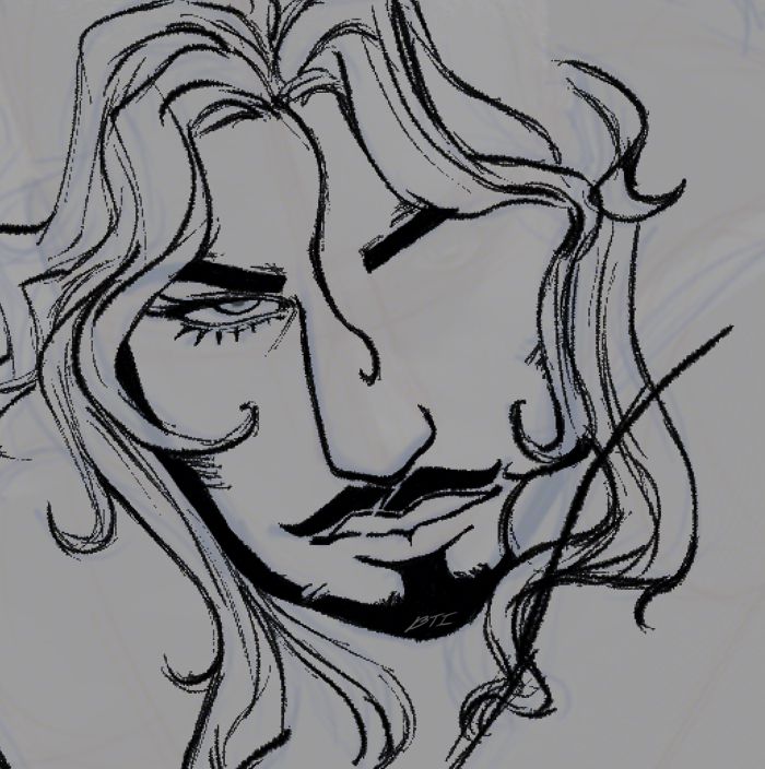 WIP 2 - closeup of face lineart, unfinished lineart of his curly hair. 