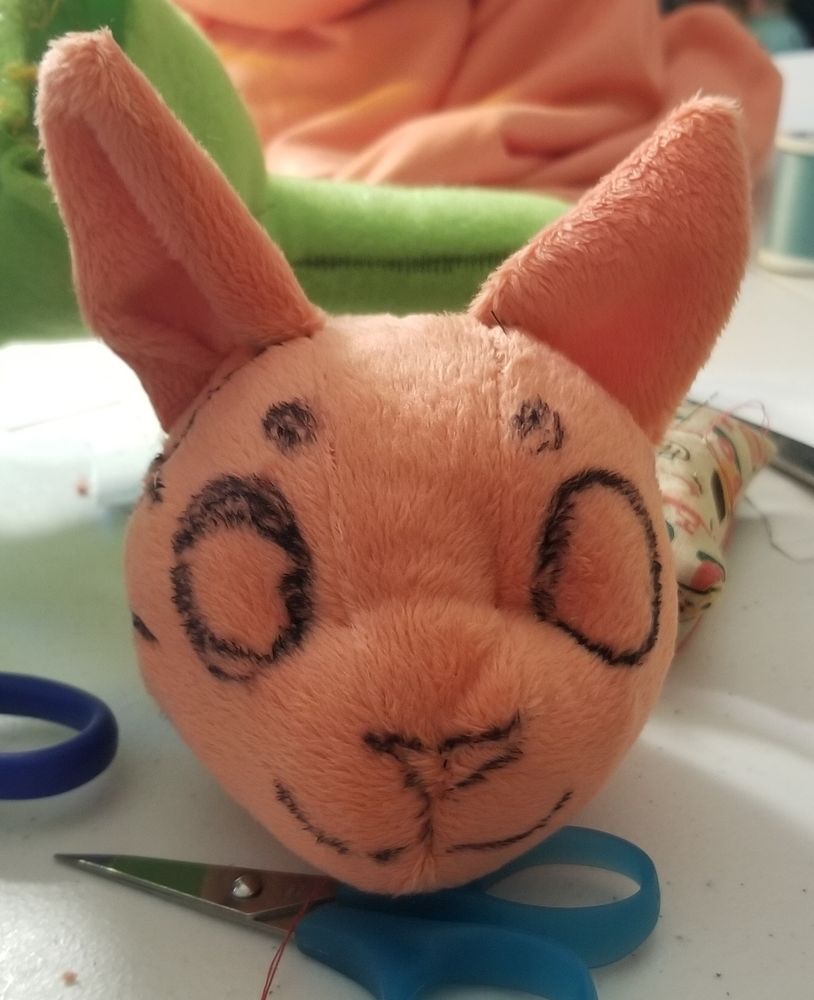 Pink plush cat head with details roughly sharpied on