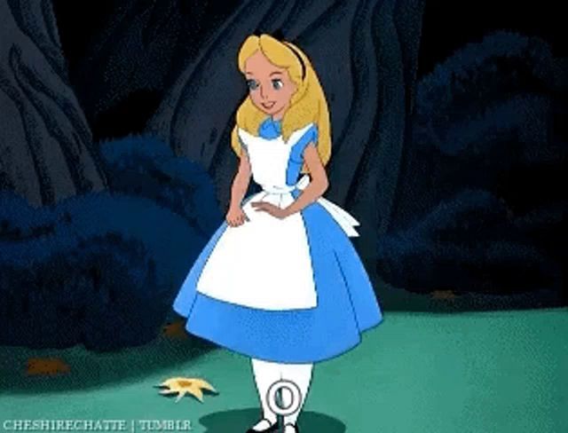 alice from alice in wonderland is standing in a field