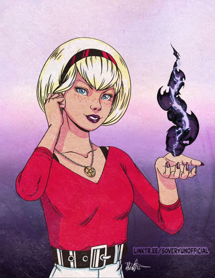 Sabrina Spellman from Archie Comics, pinching her earlobe and casting dark magic. She has goat pupils.