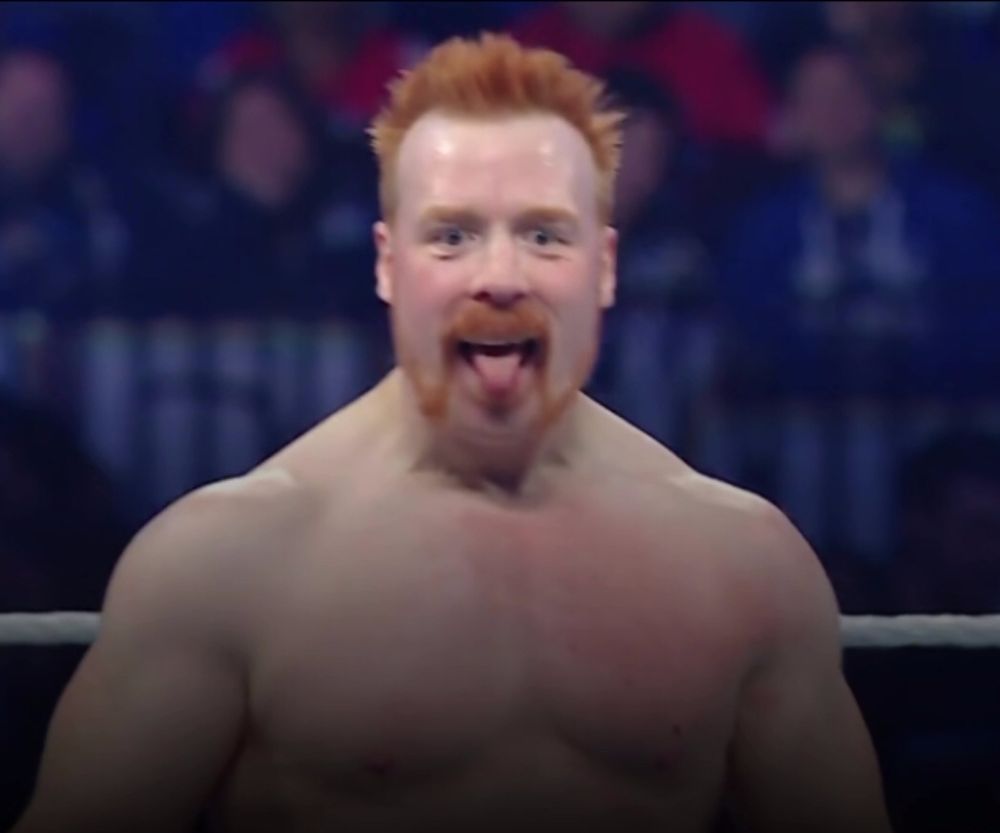 Sheamus sticking his tongue out at the camera during Royal Rumble 2025
